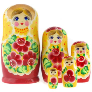 Матрешка 5 мест большая - желтый сарафан цветы красная