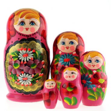 Матрешка 5 мест большая - золотой медальон-розовая