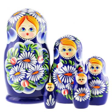 Матрёшка 5 мест голубоглазая с ромашками синяя