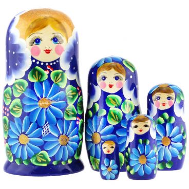 Матрешка 5 мест большая - синие ромашки