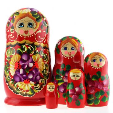 Матрёшка 5 мест большая - цветочный венок красная