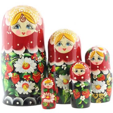 Матрешка 5 мест большая - ягоды красный платок- черная