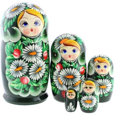 Матрёшка 5 мест голубоглазая с ромашками зеленая