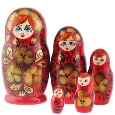 Матрешка 5 мест Красная золотые цветы