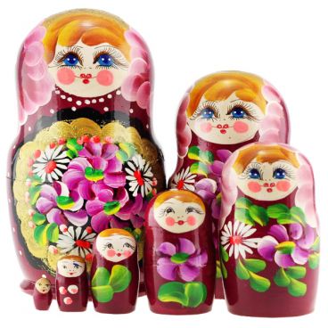 Матрёшка 7 мест цветы в золоте бордовая
