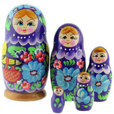 Матрешка 5 мест фиолетовая с корзинкой цветы