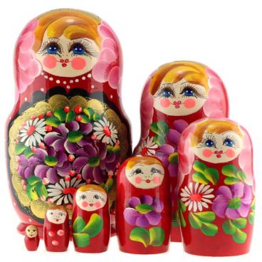 Матрёшка 7 мест прямая - цветы в золоте красная