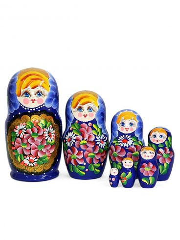 Матрёшка 7 мест прямая - цветы в золоте синяя