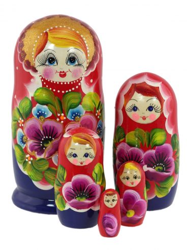 Матрешка 5 мест красно-синяя цветы
