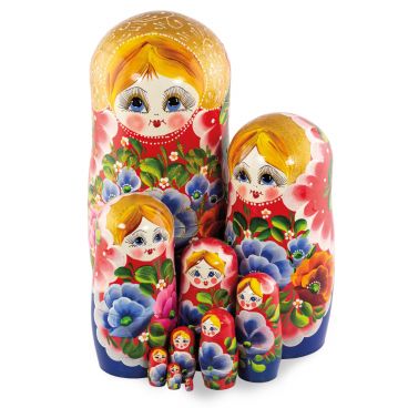 Матрешка 10 мест  красно-синяя золотой кокошник