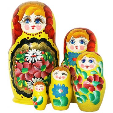 Матрешка 5 мест большая - золотой медальон-желтая