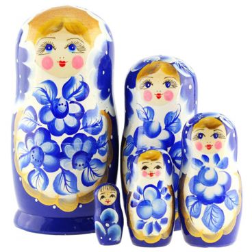 Матрёшка 5 мест средняя - бело-синяя цветы