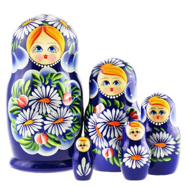 Матрешка 5 мест средняя - голубоглазая- ромашки синяя
