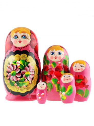 Матрешка 5 мест средняя - золотой медальон-розовая