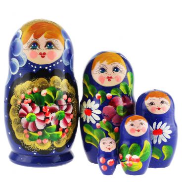 Матрешка 5 мест средняя - золотой медальон-синяя
