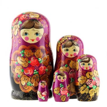 Матрёшка 5 мест средняя - золотые лепестки бордовая