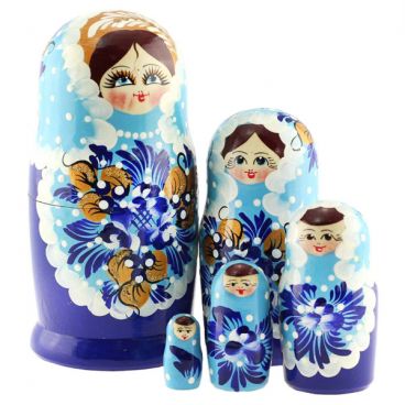 Матрёшка 5 мест средняя - платье в горошек синяя