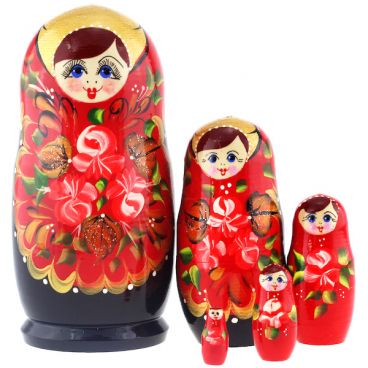 Матрёшка 5 мест средняя - розовые розы- красный сарафан