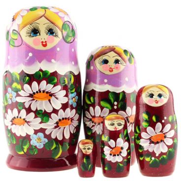 Матрёшка 5 мест бордово-розовая ромашки