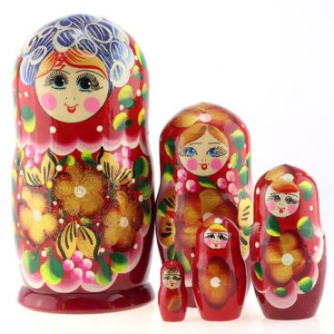 Матрёшка 5 мест голубой кокошник бордовая