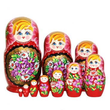 Матрёшка 10 мест прямая - красная с цветами