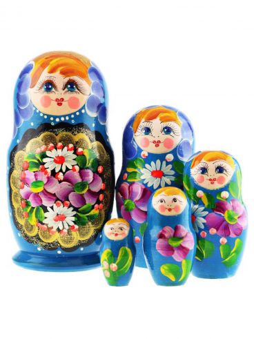 Матрешка 5 мест золотой медальон-голубая