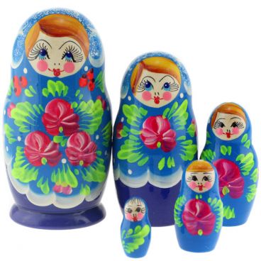 Матрешка 5 мест сувенирка голубой сарафан синяя розы