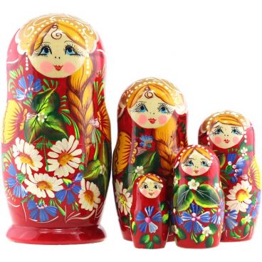 Матрешка 5 мест красная ромашки с косой