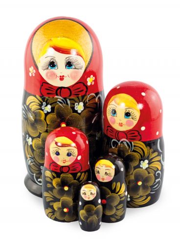 Матрёшка 5 мест средняя - &quot;Золотые цветы&quot; красный платок