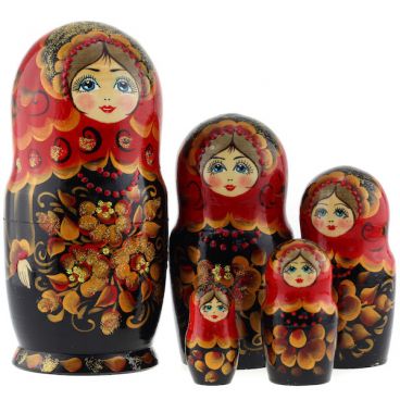 Матрёшка 5 мест большая - золотой букет-красный платок