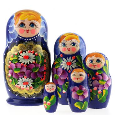 Матрешка 5 мест большая - золотой медальон-синяя