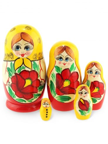 Матрешка 5 мест сувенирка желто-красная