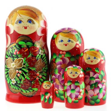 Матрешка 5 мест медальон с ягодами-красная