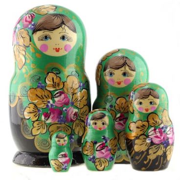 Матрёшка 5 мест золотые лепестки зелёная
