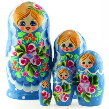 Матрёшка 5 мест кружева цветы голубая