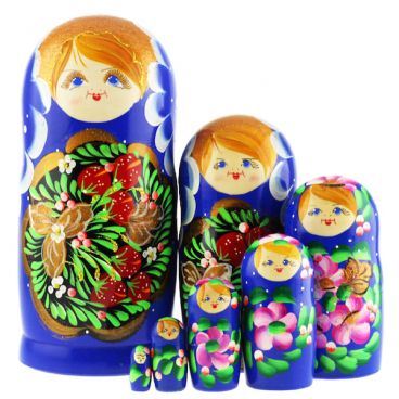 Матрешка 7 мест медальон с ягодами синяя